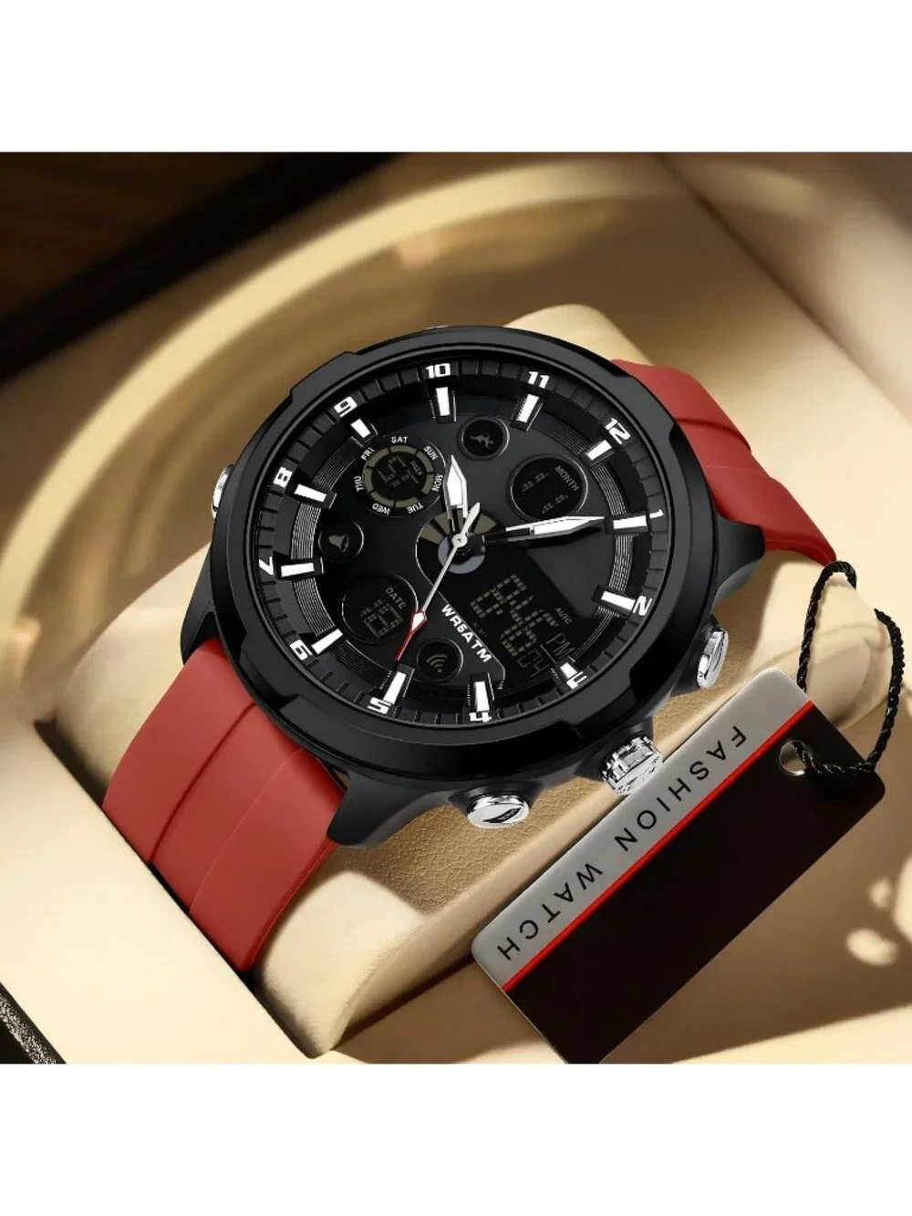 Men Red Large Face Watches Chronograph Waterproof Sport Military Heavy Duty
